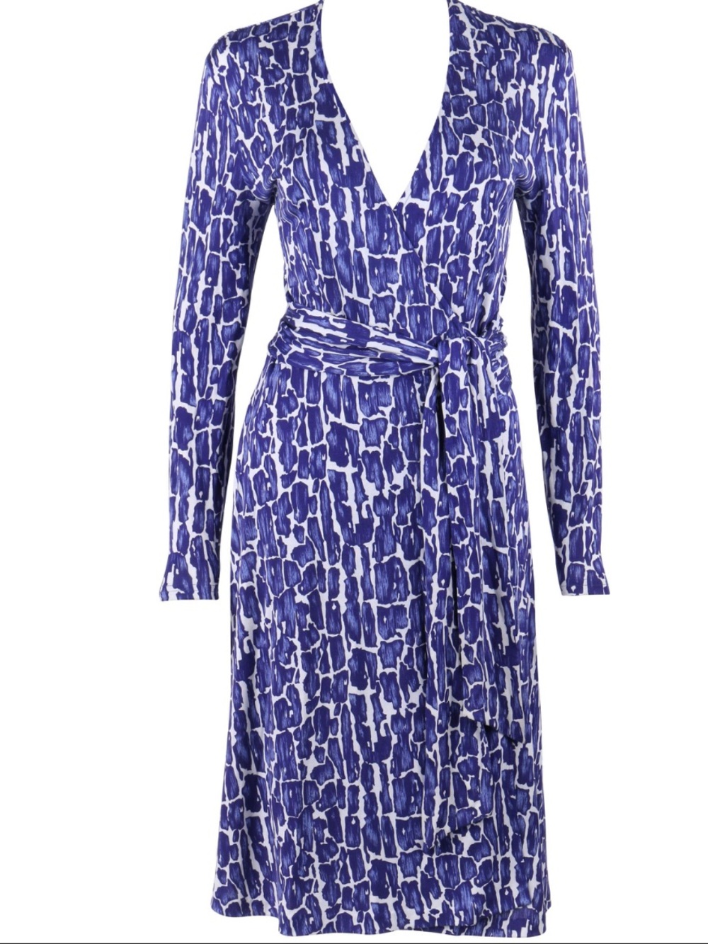 Diane Von Furstenberg Blue and White Printed Long-Sleeve Silk Jersey Wrap Dress